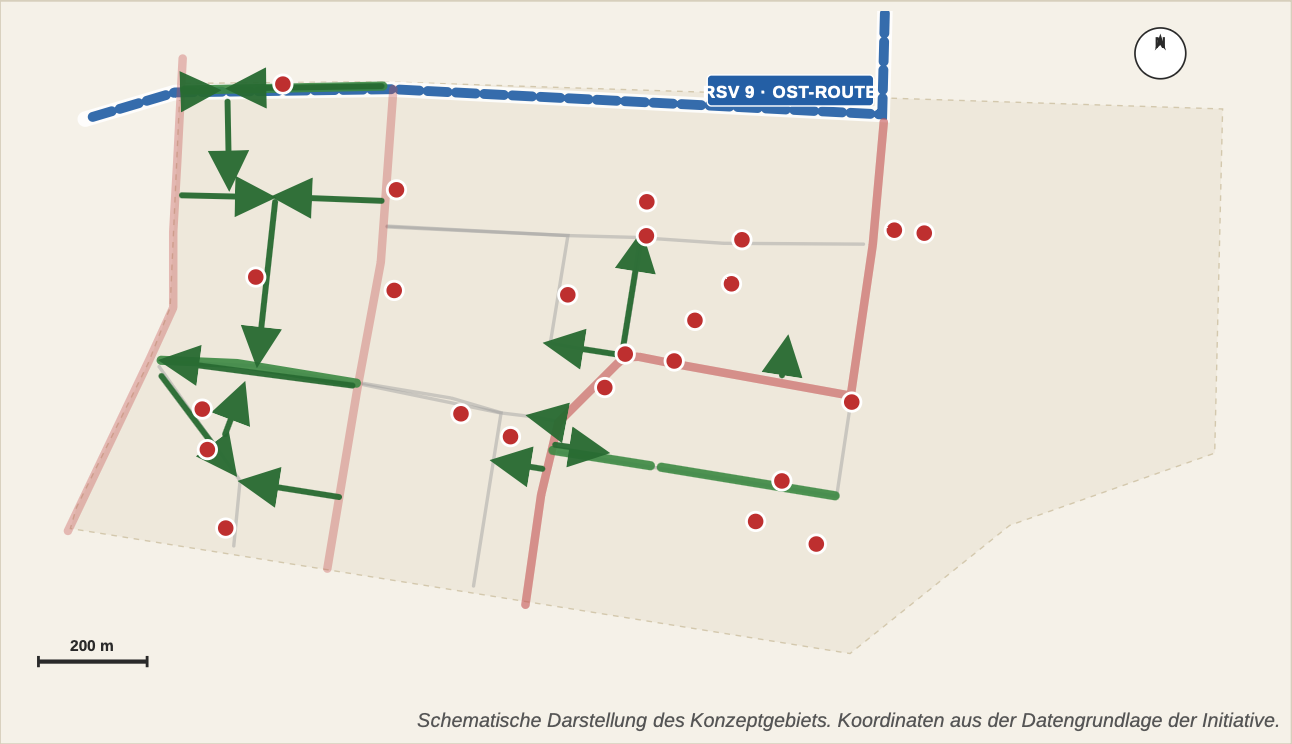 Schematische Karte des Konzeptgebiets in Alt-Lichtenberg mit geplanten Einbahnstraßen, Fahrradstraßen und erfassten Gefahrenstellen